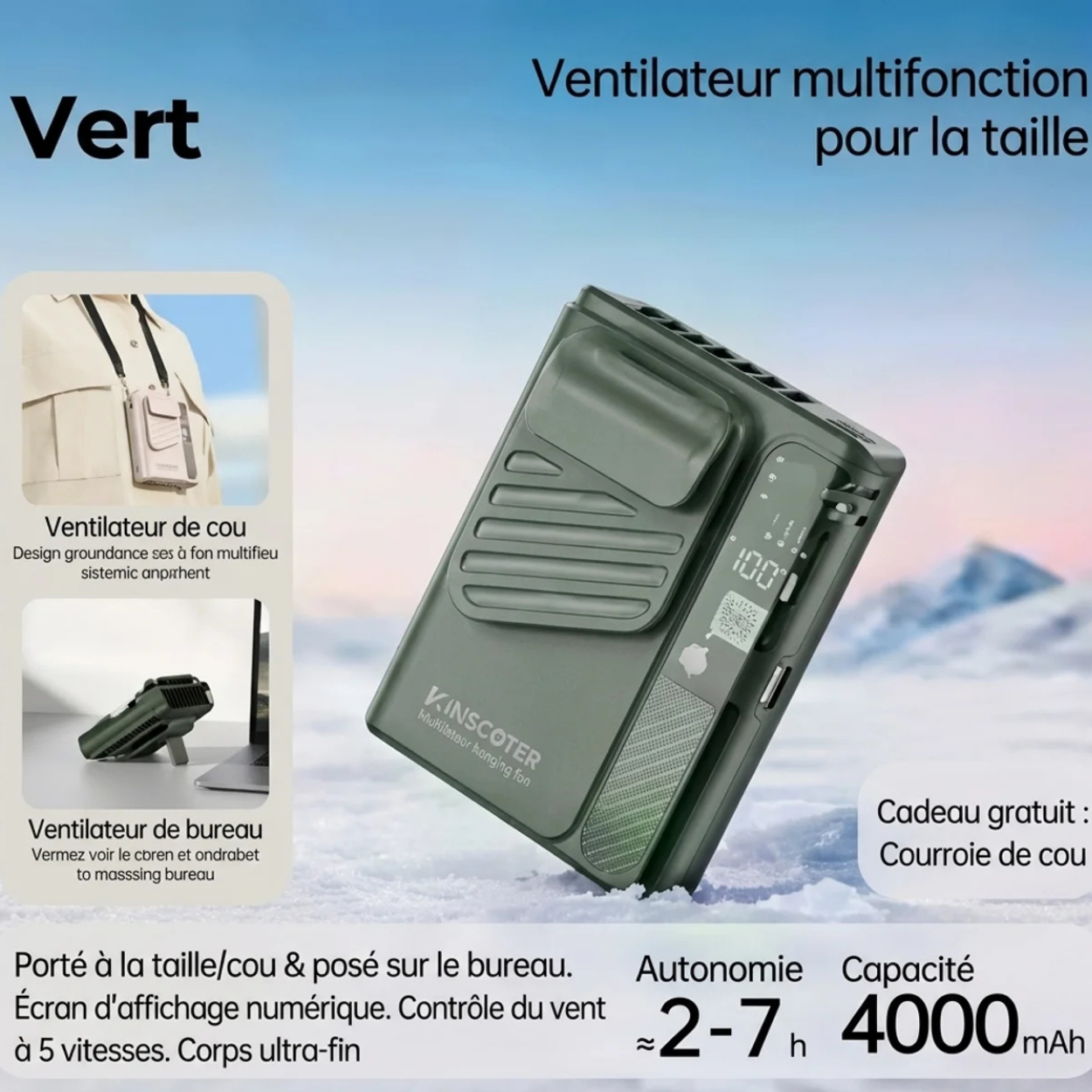 Ventilateur de Ceinture Portable 3 en 1 Rechargeable Usage Taille Cou et Bureau