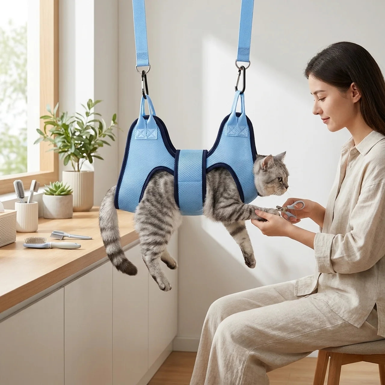 Harnais de toilettage suspendu pour chat Maintien réglable pour soins griffes et toilettage
