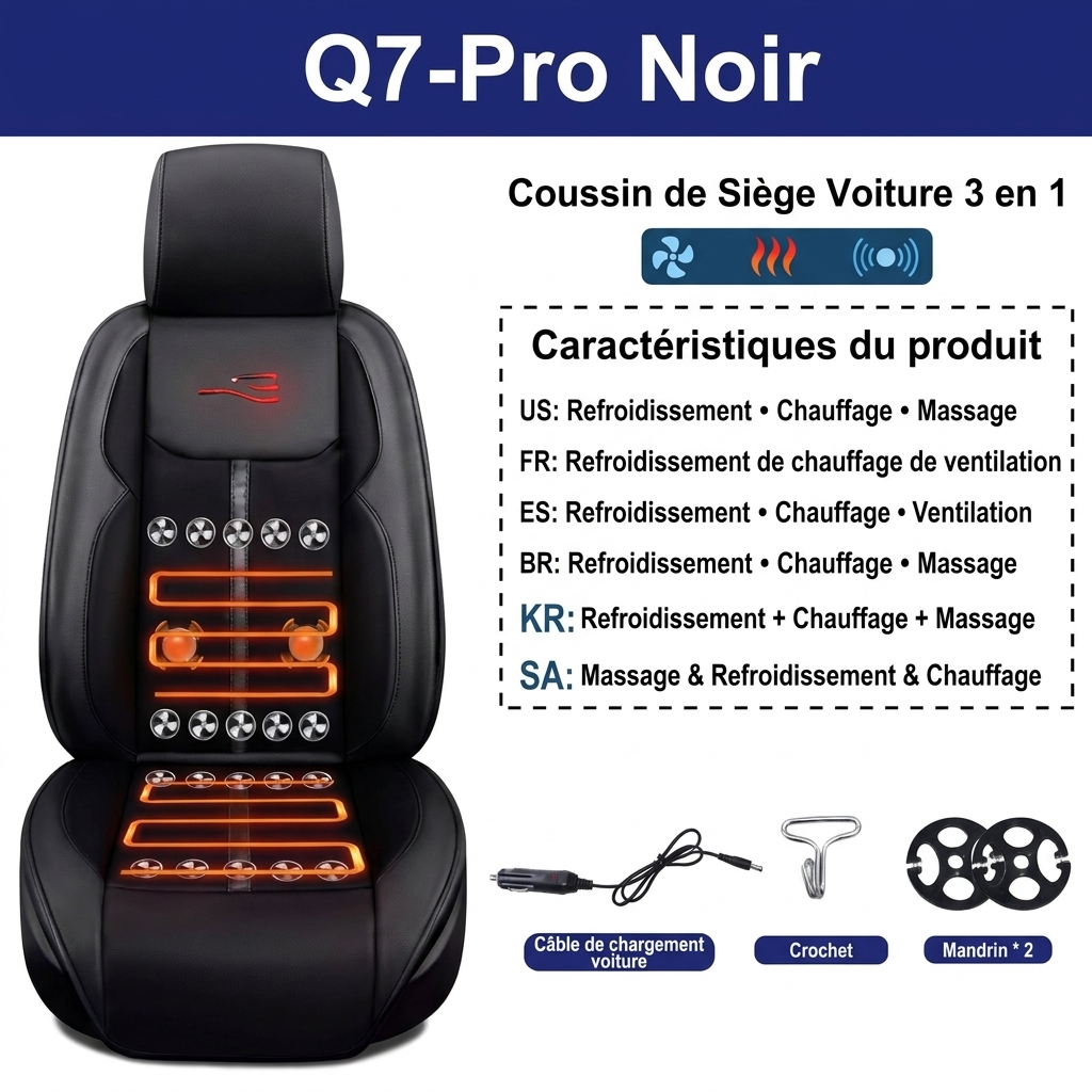 Coussin de siège auto 3-en-1 chauffant ventilé et massant – 12 V